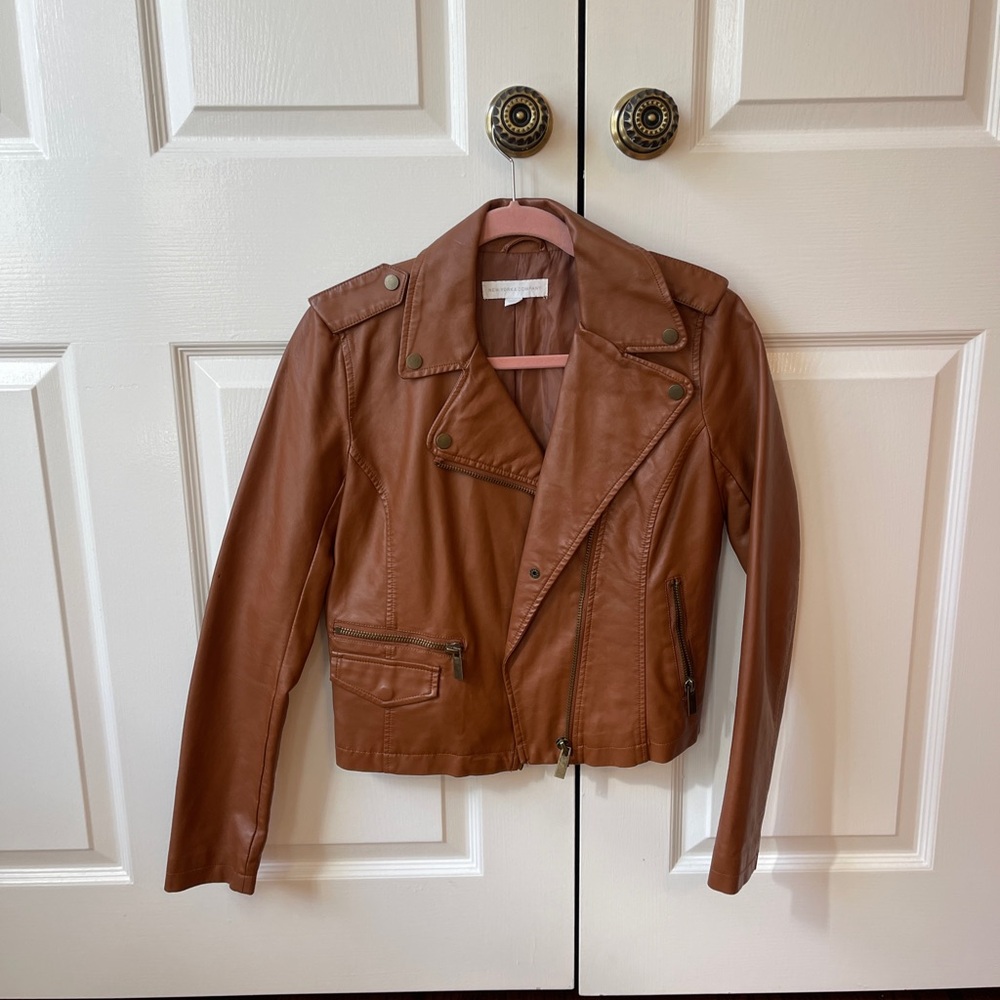 new york & company faux brown leather jacket